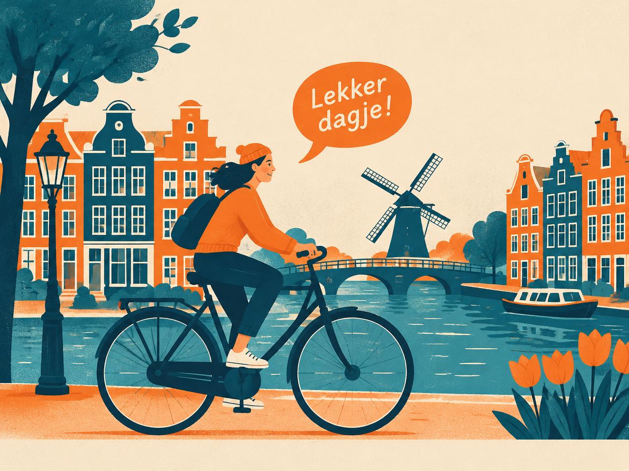 Illustration of a cyclist along a canal in the Netherlands, Crossbound's launch destination